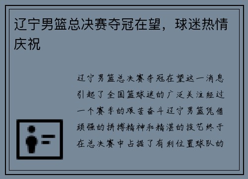 辽宁男篮总决赛夺冠在望，球迷热情庆祝